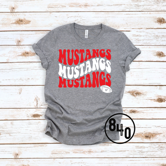 Mustang Wavy Football - Red & White Ink